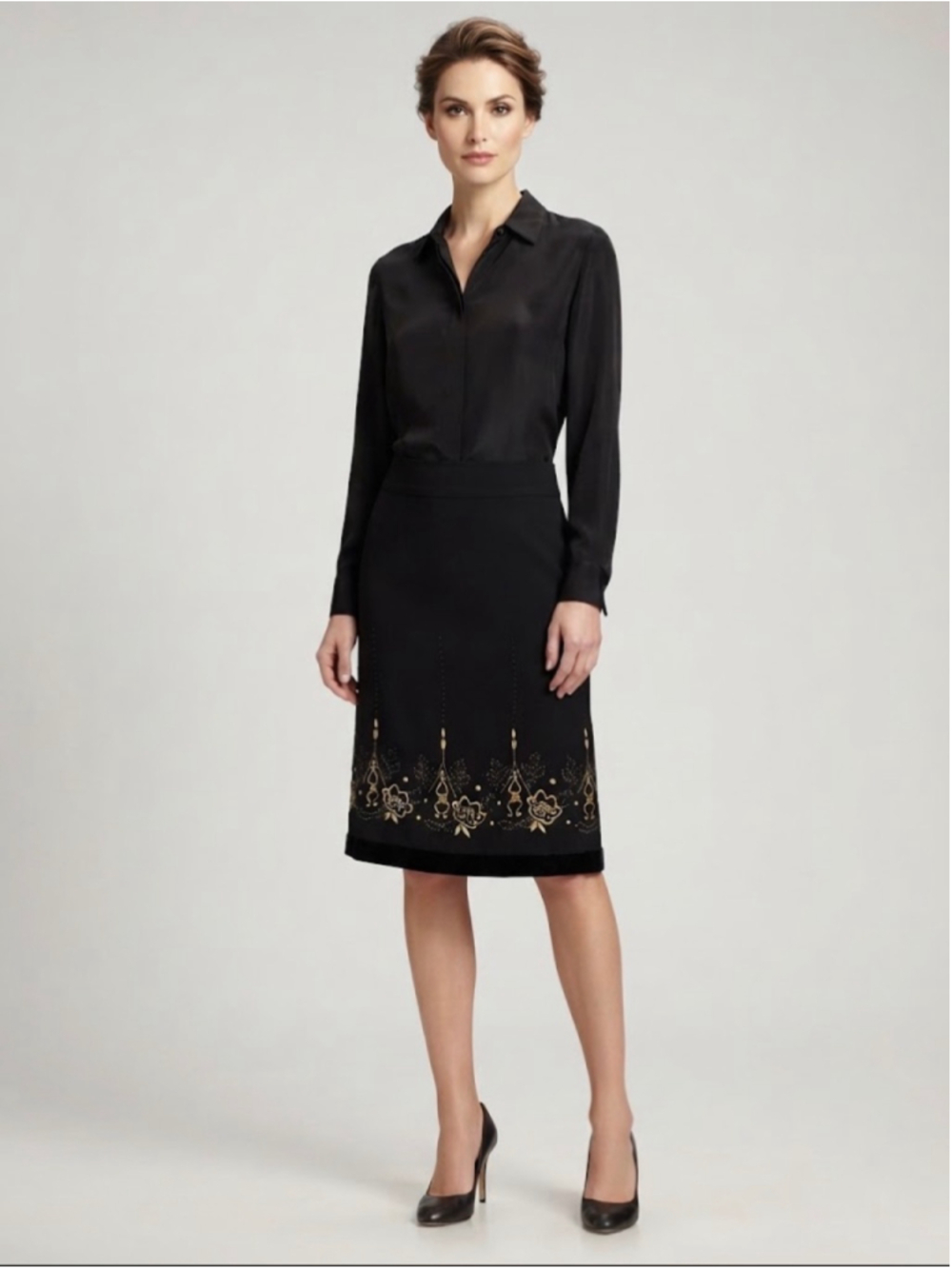 Loft Black Midi Skirt with Gold Floral Embroidery Size 2
